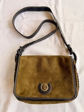 Vintage Lladro Dark Green Suede Purse with Braided Black Leather Detail
